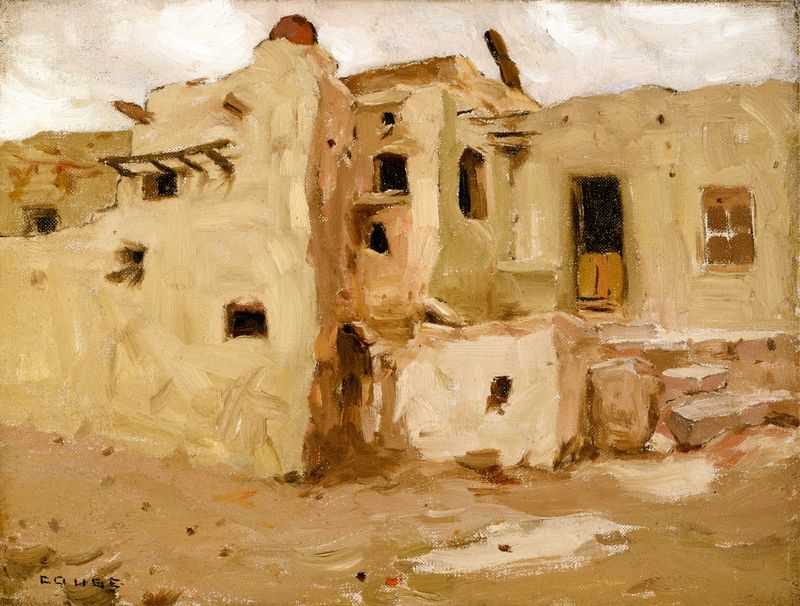 Walpi Pueblo by Eanger Irving Couse, oil on canvas depicting adobe structures under a bright sky.