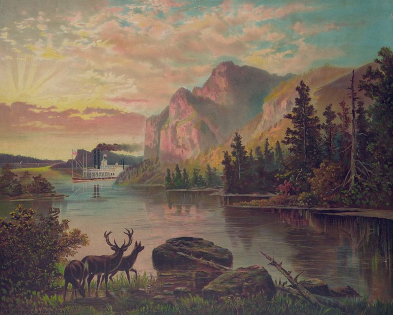 Landscape depicting a river scene, lithograph by Krebs Lith. Co