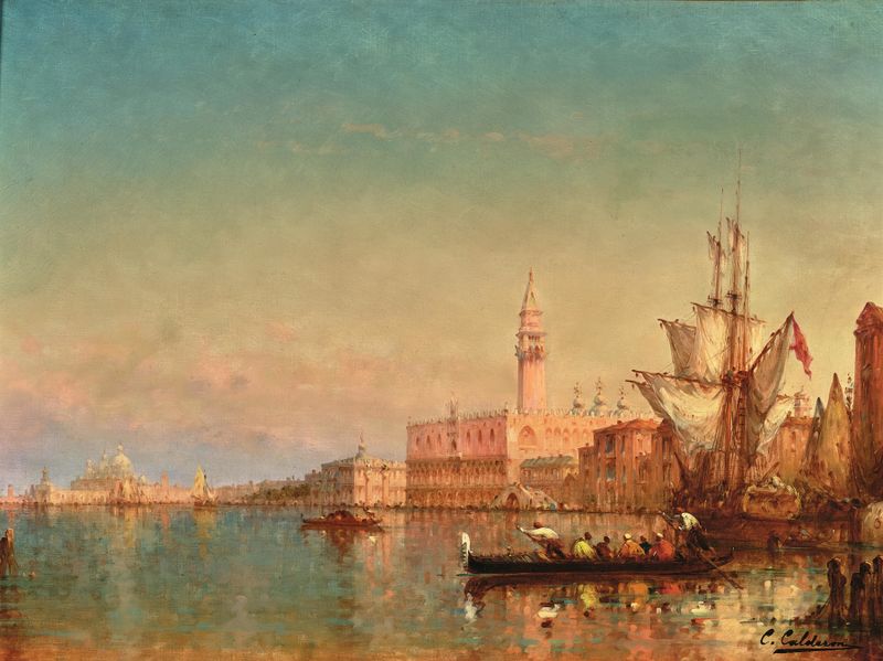 Venice, the Grand Canal by Charles Clement Calderon, oil painting depicting water reflections and architecture.