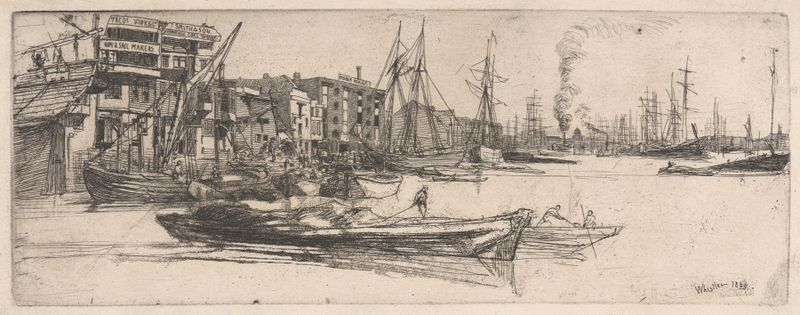 Thames Warehouses de James Abbott McNeill Whistler, óleo que representa almacenes a lo largo del río