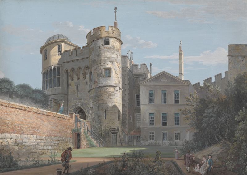 Acuarela de Paul Sandby que representa el Norman Gate y la Deputy Governor’s House en un paisaje.