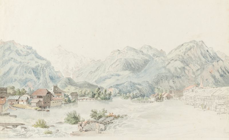 Engraving by Johann Ludwig Aberli depicting a serene landscape with hills and water.