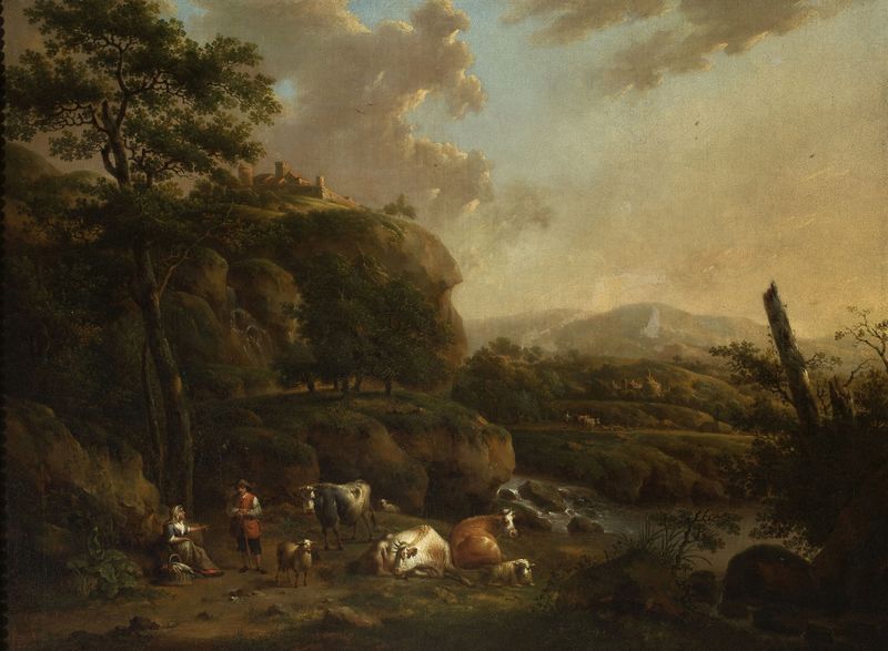 Paisagem montanhosa com pastores, pintura a óleo de Henricus Josephus Antonissen