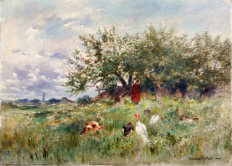 Escena de género que muestra a una mujer observando pavos en un paisaje de Horatio Walker, pintura al óleo