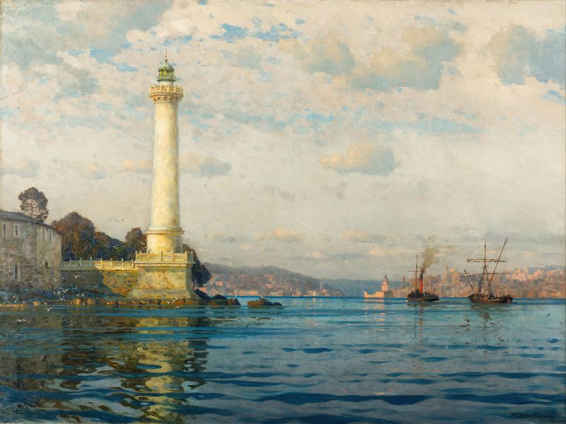 Marine scene featuring The Ahırkapı Lighthouse by Michael Zeno Diemer, oil painting