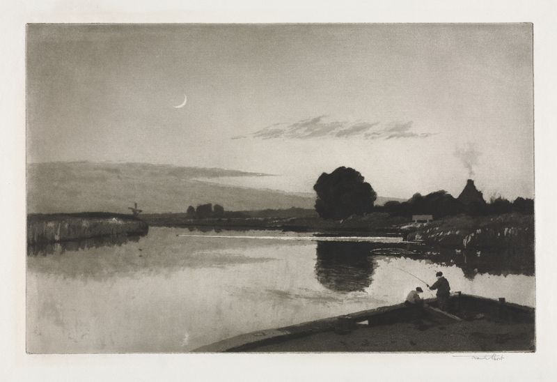 Paisaje con una luna creciente y crepúsculo, de Sir Frank Short