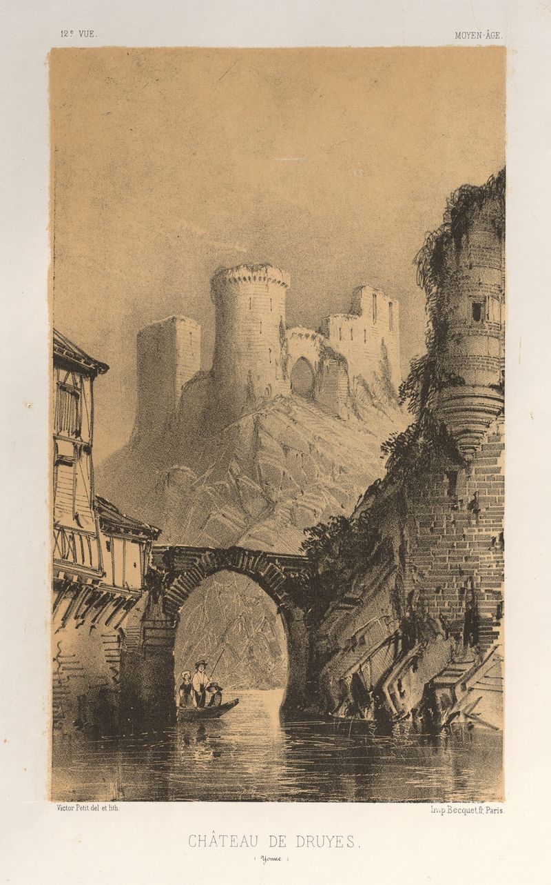 Chateau De Druyes by Victor Petit, oil on canvas depicting morning light on ancient ruins.