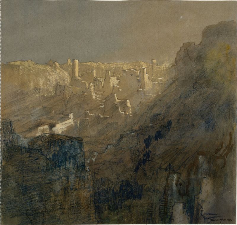 Aquarela de Donald Maxwell retratando arquitetura intrincada com tons dourados.