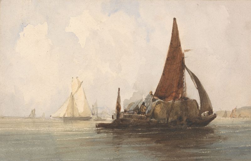 Hay Barge in a Calm Sea by Charles Bentley, oil on canvas depicting a barge on a calm ocean