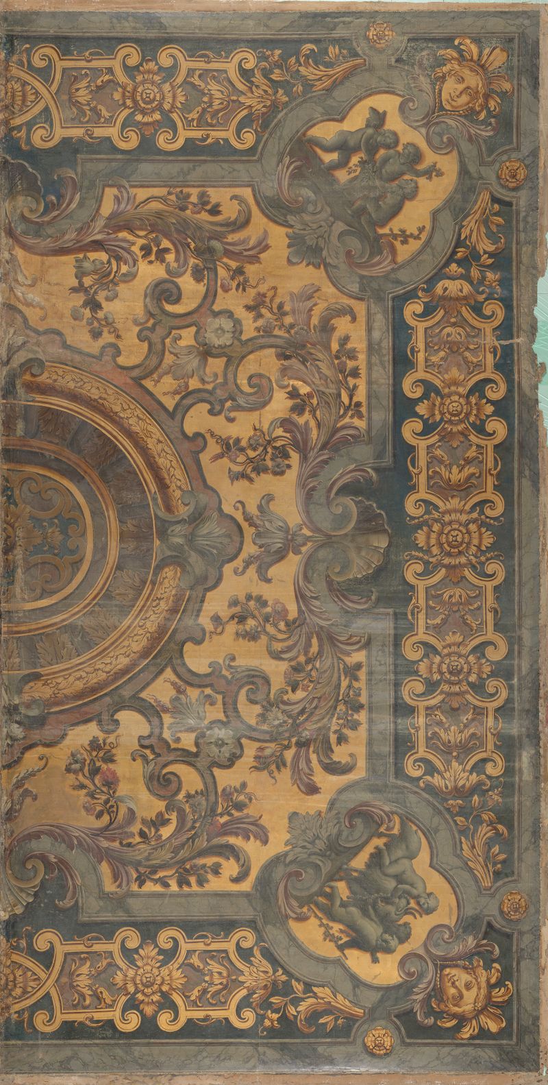 Ornamentale plafondschildering de Elias van Nijmegen, óleo sobre lienzo con putti y motivos florales.