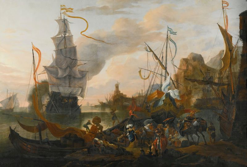 A Levantine Harbour with a galley and man-of-war, oil painting by Hendrik van Minderhout