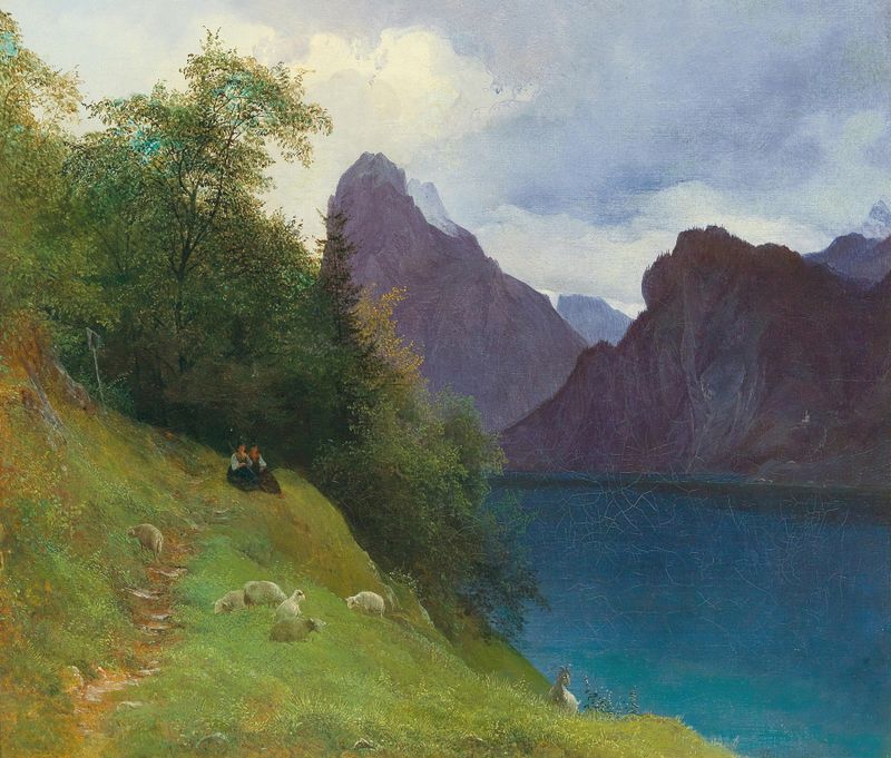 Landscape featuring a mountain and river, by Josef Schwemminger, medium unknown.
