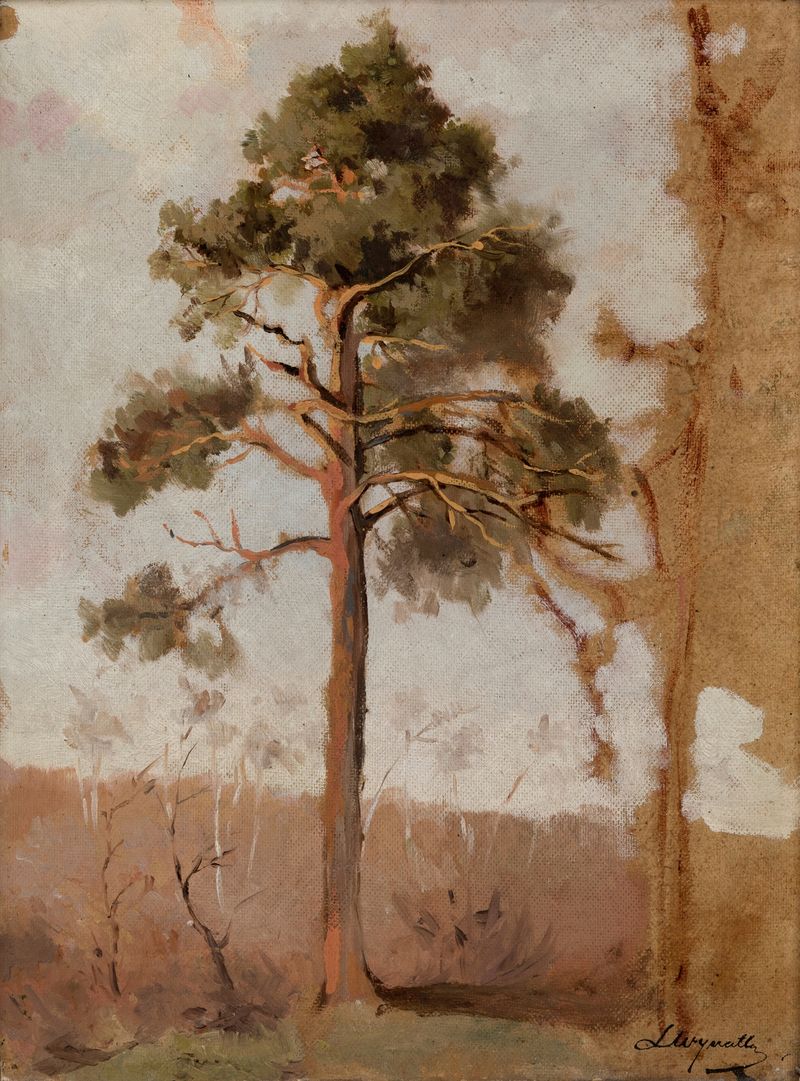 Pines at Połąga by Leon Wyczółkowski, oil on canvas, depicting a tranquil forest with light filtering through trees.