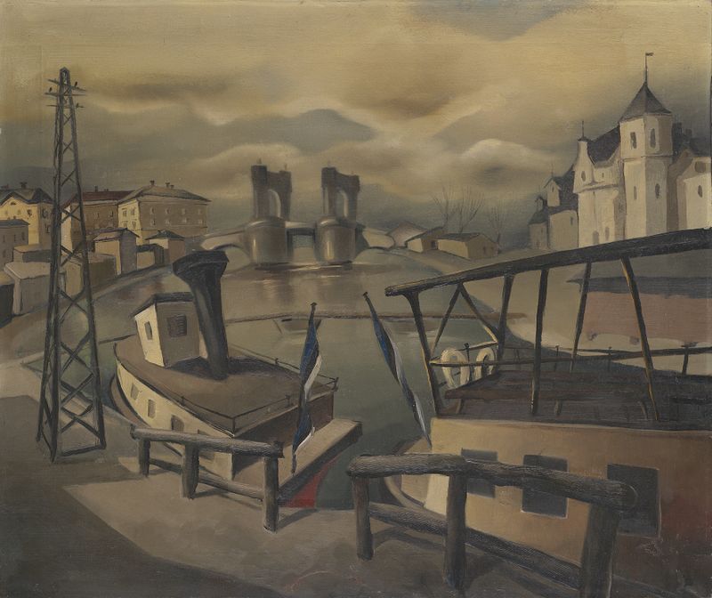 Tartu kivisild de Hando Mugasto, óleo sobre lienzo que representa un paisaje de río tranquilo con un puente.