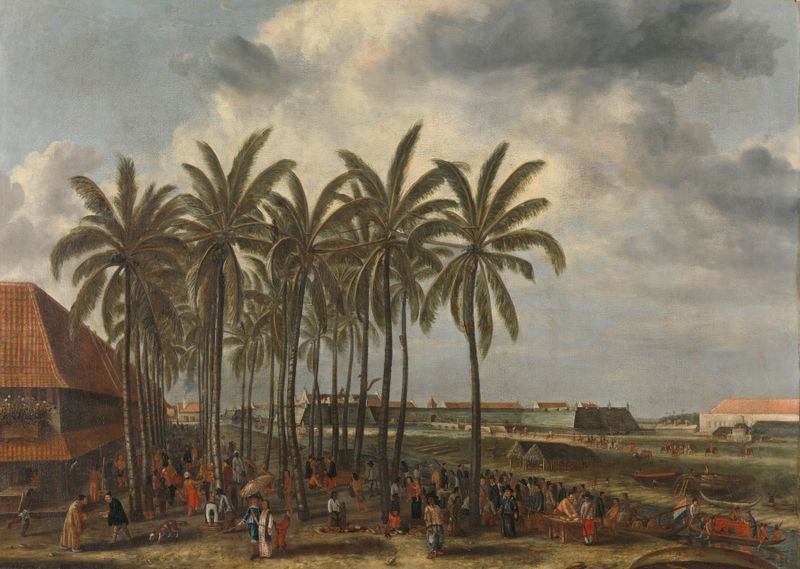 El Castillo de Batavia de Andries Beeckman, óleo sobre lienzo, representando un castillo en luz dorada.