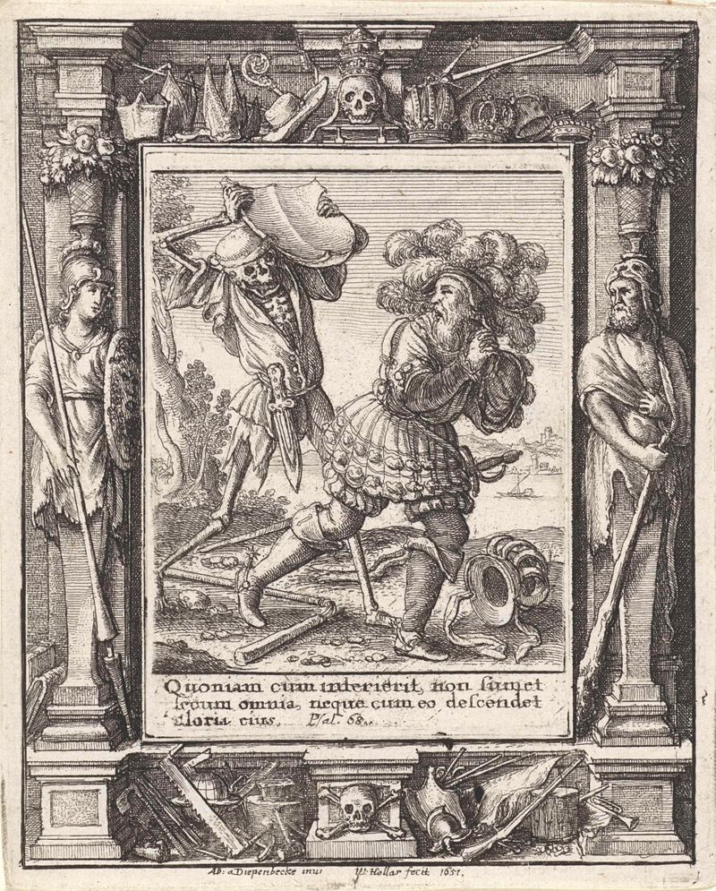 Gravura de Wenceslaus Hollar retratando um conde com a Morte, 1651.