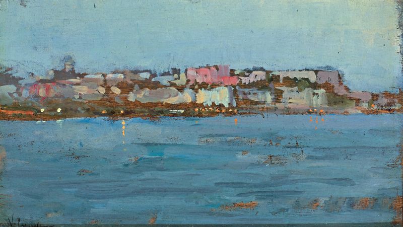 Chioggia by Vincenzo Caprile, oil on canvas depicting a serene landscape with water reflections.