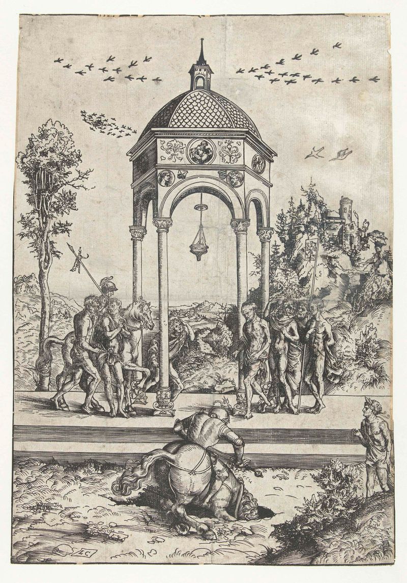Marcus Curtius en el borde de un abismo, papel de Lucas Cranach