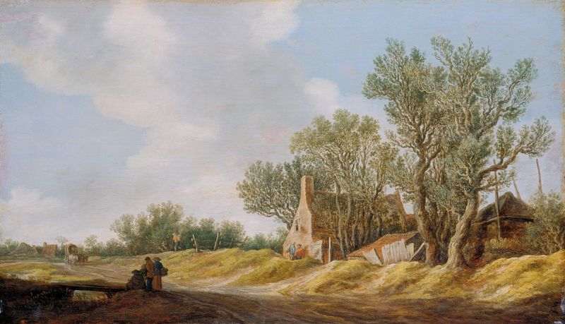 Village Street with People Resting at a Bridge, óleo de Jan van Goyen
