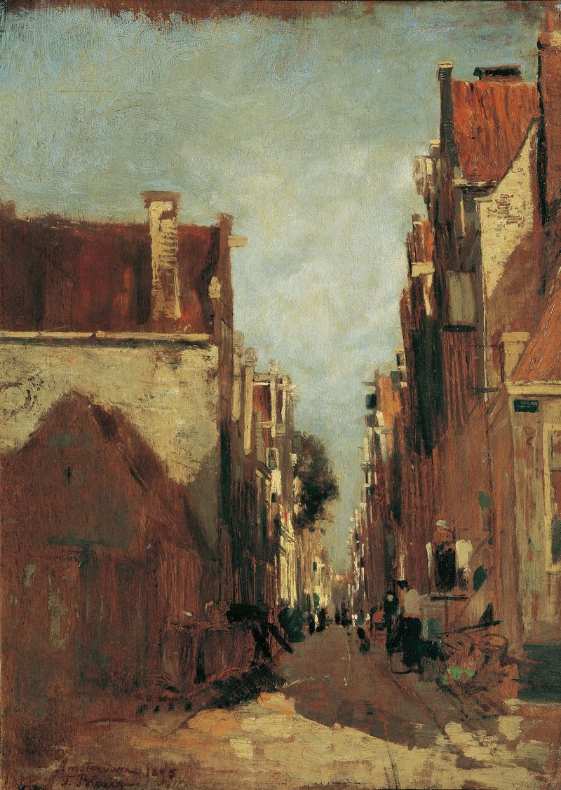 Paisaje de Straße in Amsterdam, óleo sobre lienzo de Tina Blau, con adoquines y luz solar.