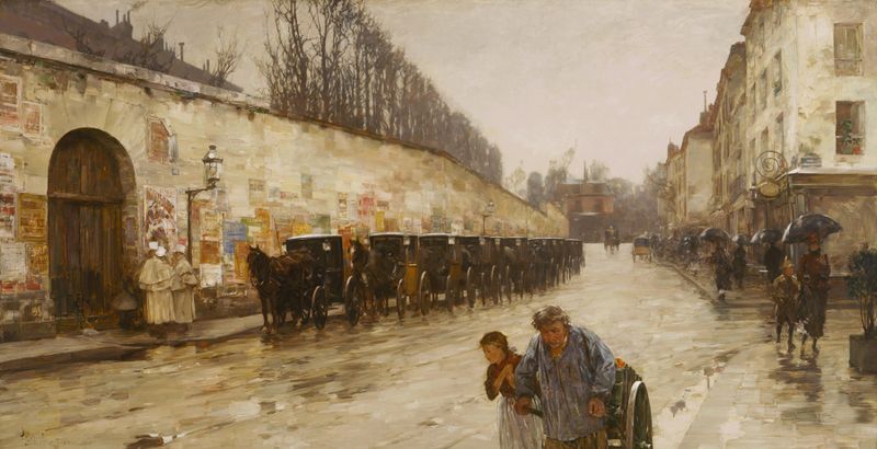 Une Averse—rue Bonaparte de Childe Hassam, óleo sobre lienzo que muestra figuras con paraguas bajo la lluvia.