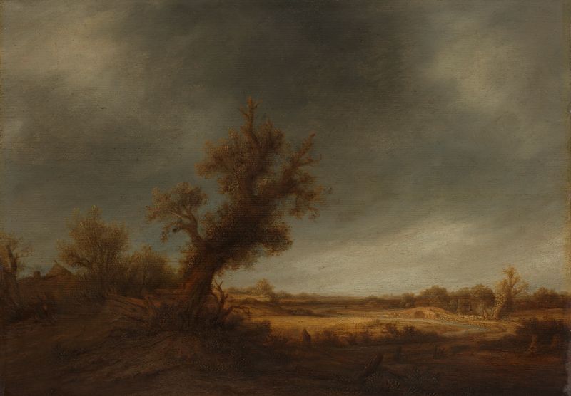 Landscape with an old oak, óleo sobre panel de Adriaen van Ostade
