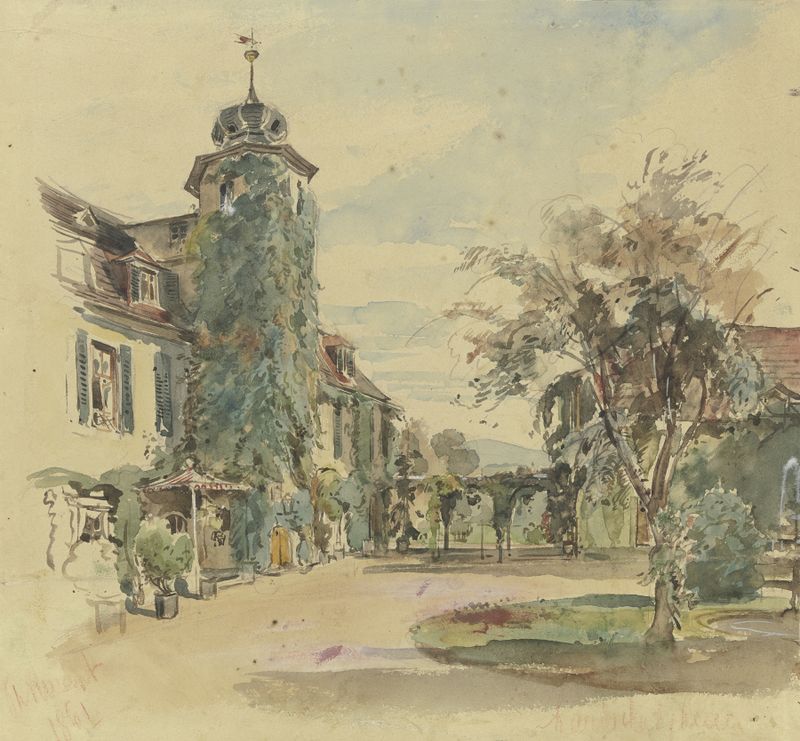 Auffahrt eines Anwesens in Handschuhsheim de Philipp Rumpf, óleo sobre lienzo que representa un paisaje sereno con un camino.
