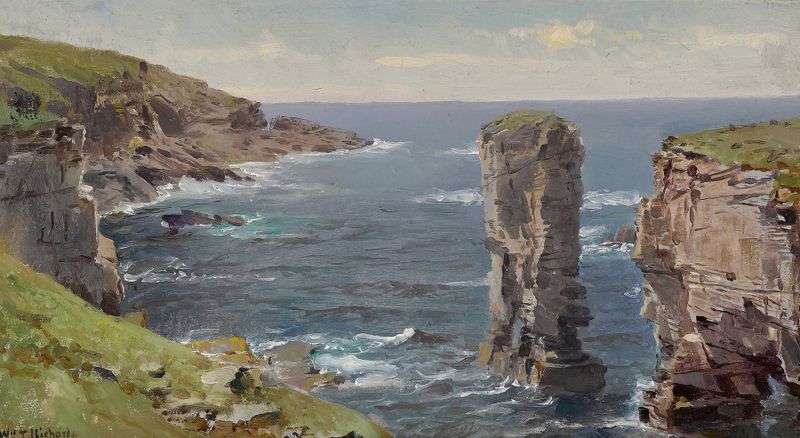 Paisagem costeira de William Trost Richards, pintura a óleo que retrata ondas e praia.