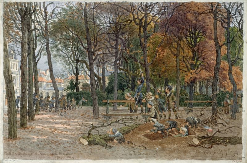 Paisagem de Place de Montrouge por Félix Brard, com luz suave e paralelepípedos.