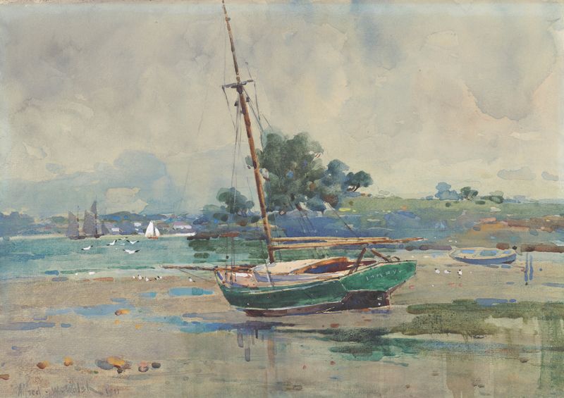 Seascape with boat by Alfred Walsh, oil on canvas depicting a serene horizon and gentle waves