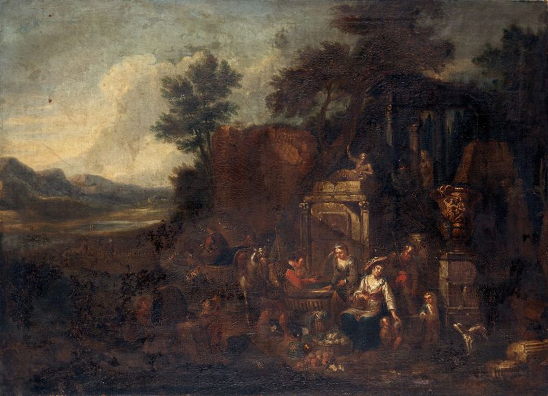 Figurative scene of a woman at a well, oil painting by Ignatius de Beckers
