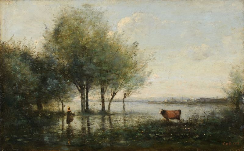 Paisaje de pantano con árboles y luz solar de Jean-Baptiste-Camille Corot, pintura al óleo