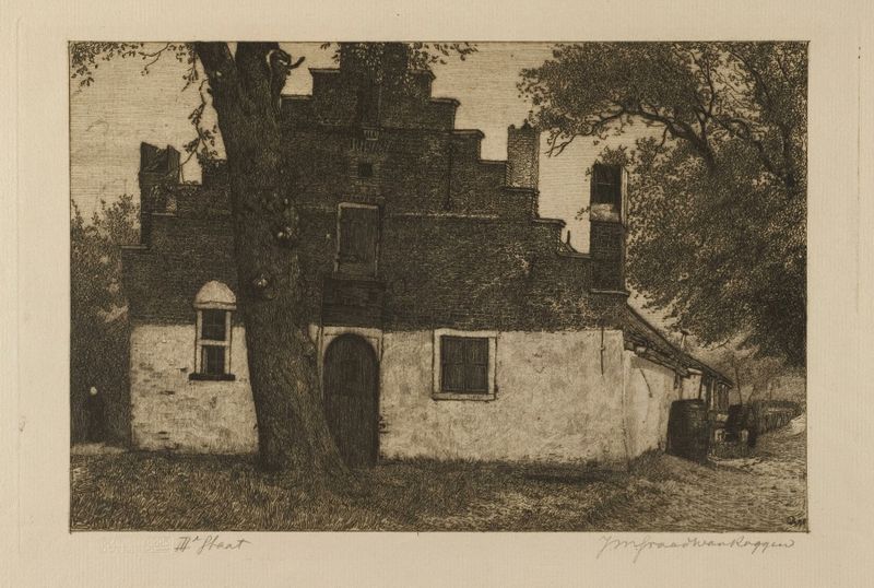 Oude pastorie, uma paisagem realista de Unknown Artist, retratando uma casa antiga com vegetação exuberante.