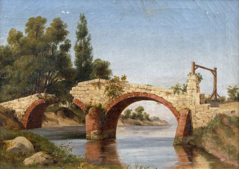 Alte Steinbrücke de Emmy Mayer, óleo sobre tela, retratando uma paisagem serena com uma ponte e árvores.