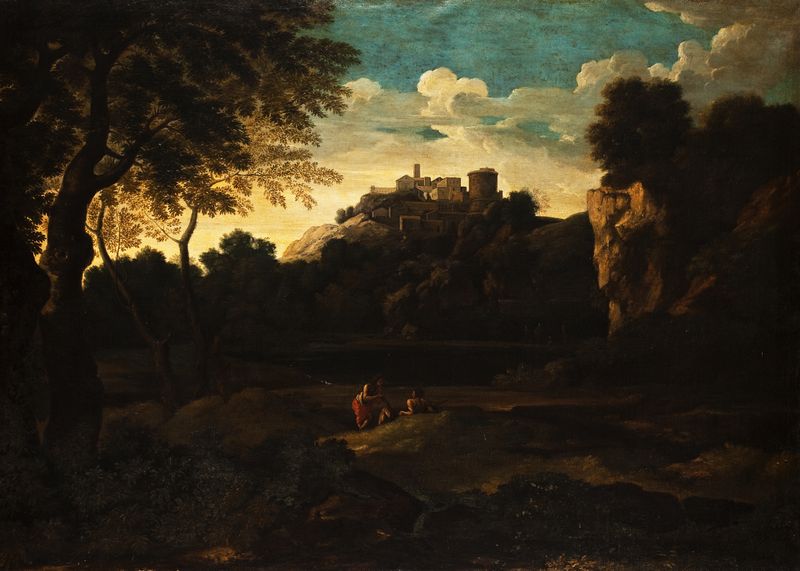 Paisagem de Crescenzio Onofrij, pintura a óleo mostrando colinas suaves e luz quente.