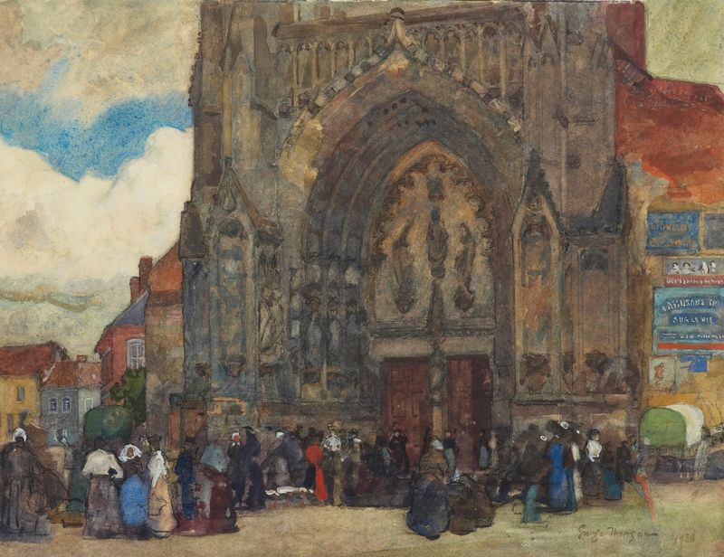Escena de género de un mercado bullicioso con vendedores y mantequilla, óleo sobre lienzo de George Thomson