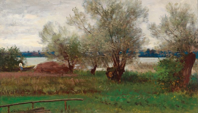 Weiden am Chiemsee by Joseph Wopfner, oil on canvas, depicting a tranquil lake with reflections and sunlight.