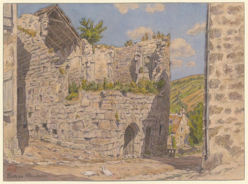 Litografía de Besse-en-Chandesse de Henri Rivière que muestra colinas y un pueblo