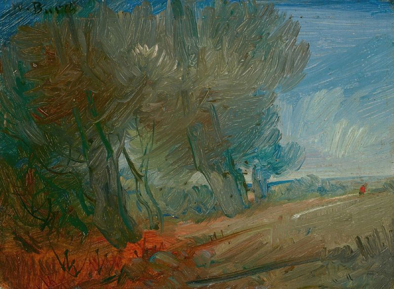 Landscape with a figure in a red jacket, ink on paper by Wilhelm Busch
