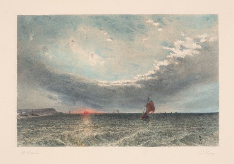 Seascape at sunset by Louis Marvy, oil on canvas showing gentle waves and a golden sunset