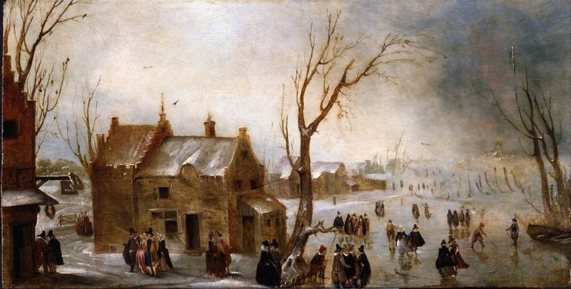 Paisaje invernal con figuras sobre el hielo, óleo sobre lienzo de Unknown Artist.