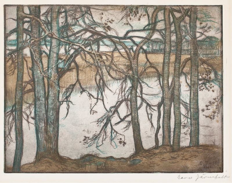 Lake Shore with Reeds by Eero Järnefelt, realism, depicting a tranquil lake with reeds.