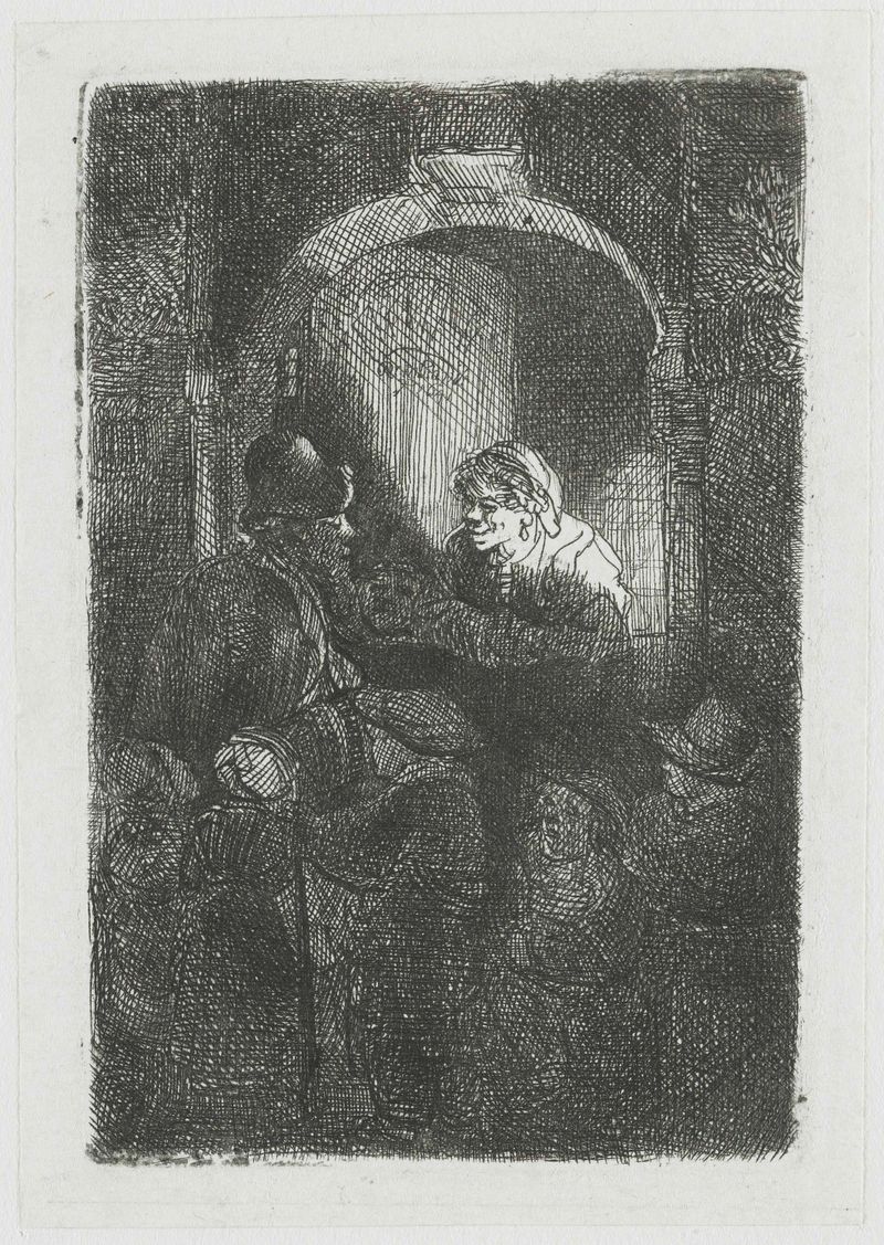 Músico de hurdy-gurdy con niños en una casa, grabado de Rembrandt van Rijn
