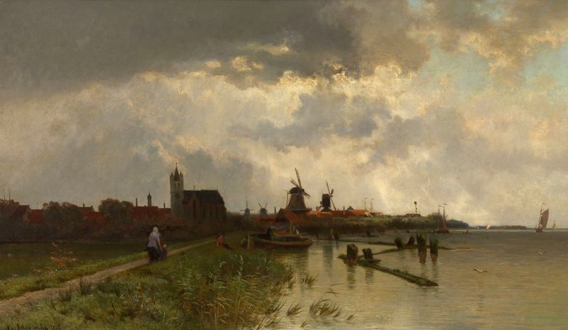 Souvenir of the Zuiderzee, oil on canvas by Edmond de Schampheleer, featuring serene waters and boats.