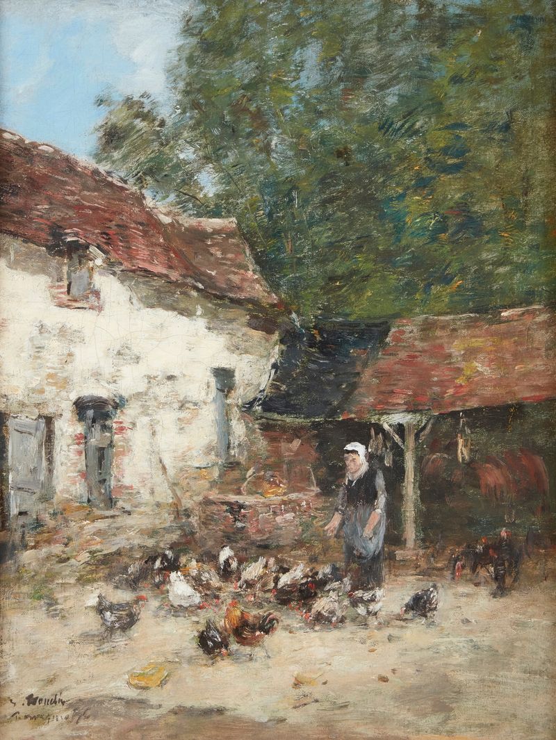 La Provende des Poules de Eugène Boudin, óleo sobre lienzo que representa un campo sereno con gallinas.