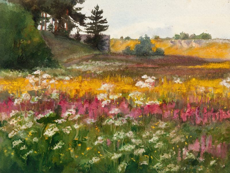 Suvine maastik by Lilly Walther, impressionism, depicting a serene landscape with vibrant greens and blues.