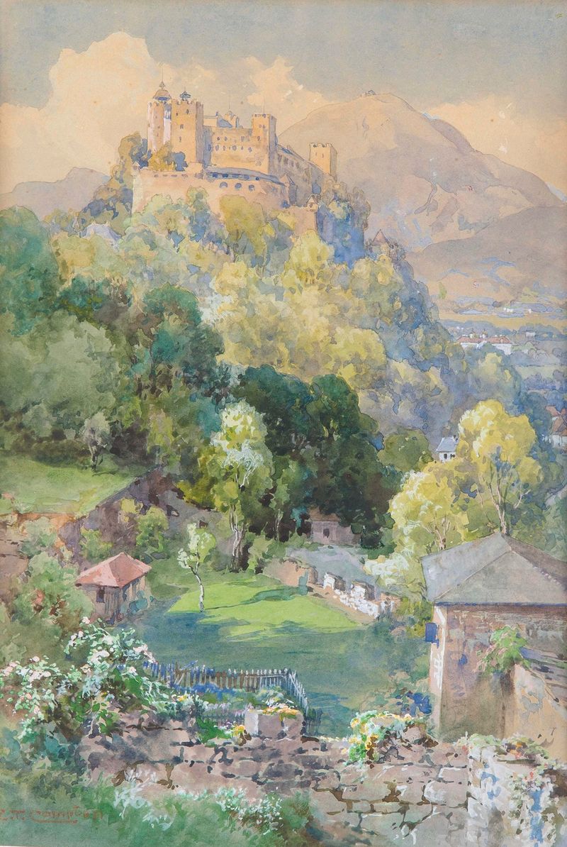 Landscape oil painting by Edward Theodore Compton featuring a fortress and mountains.