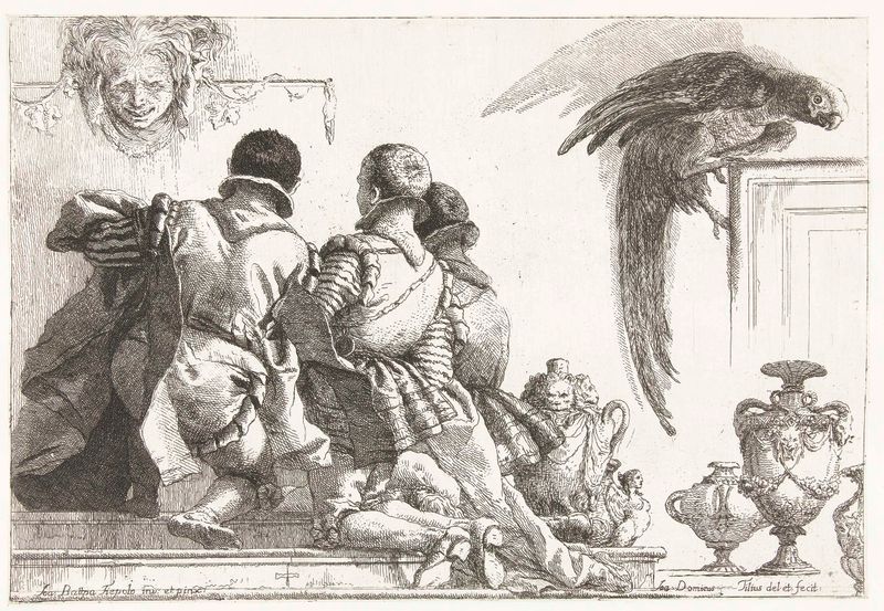 Three kneeling boys with a parrot, etching by Giovanni Domenico Tiepolo
