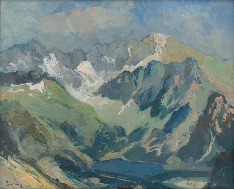 Oil painting by Karol Polónyi depicting the Tatra Mountains with vibrant greens.