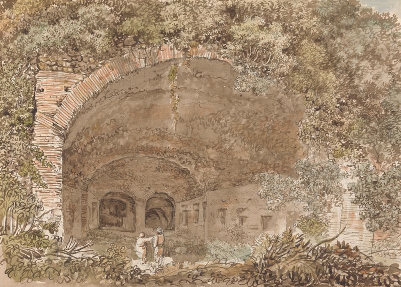 Landscape of the Appian Way with sunlight illuminating ancient stones, oil painting by Carlo Labruzzi